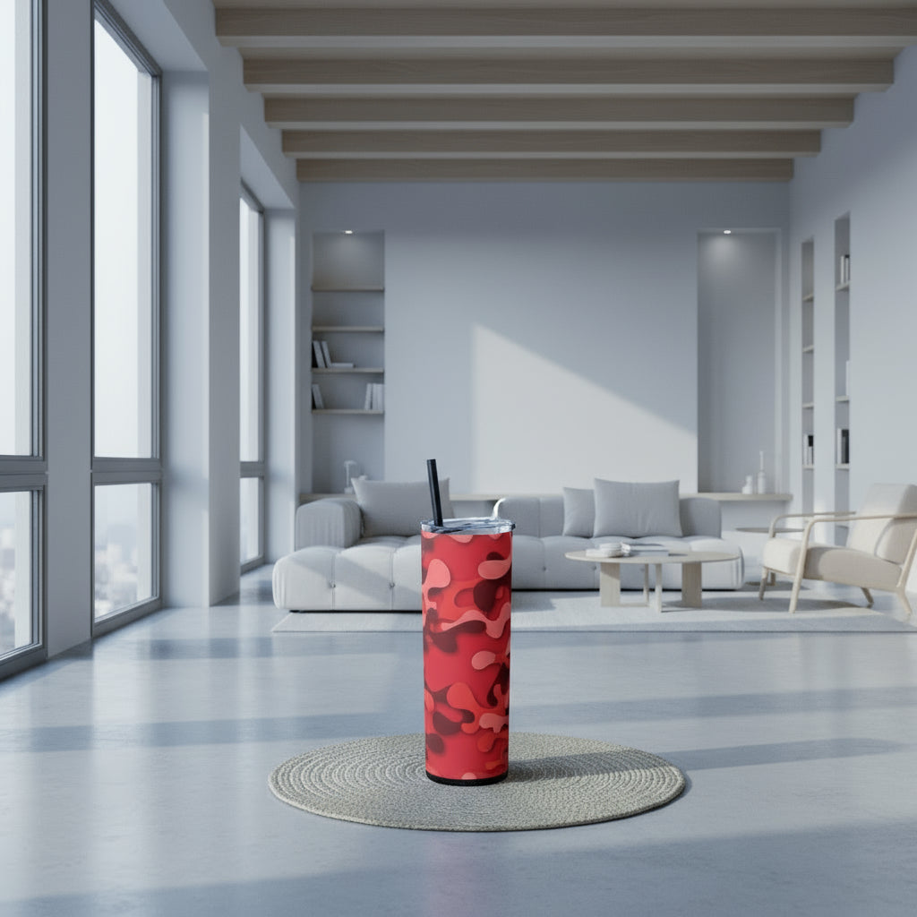 Red camouflage-patterned tumbler with a black straw on a white background