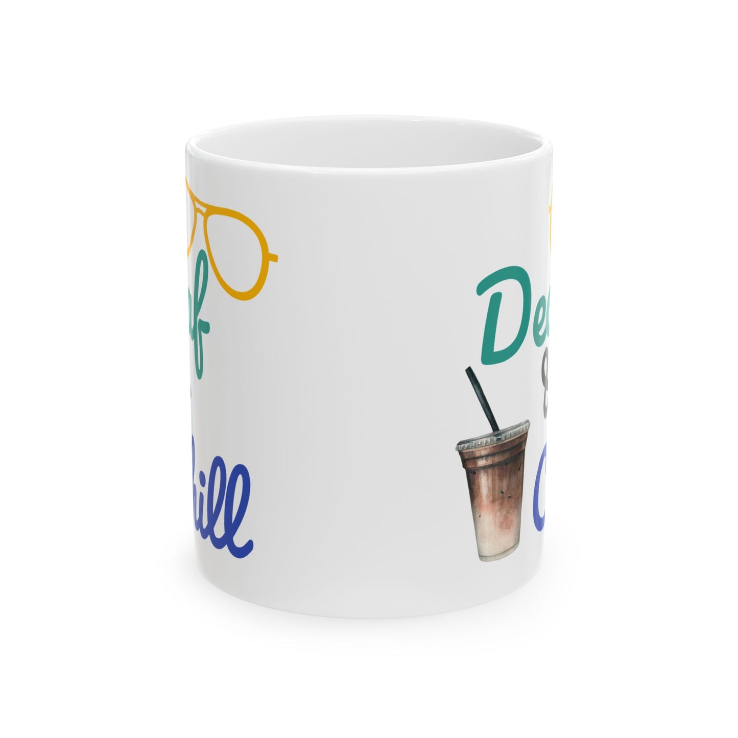 White mug with colorful text and a coffee cup graphic on a white background