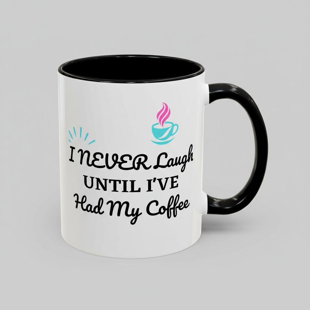 White mug with black interior and handle, featuring a coffee cup icon and text on a white background.