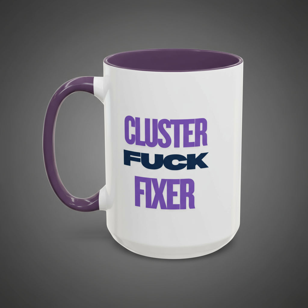 White mug with purple interior and handle, featuring text on a white background