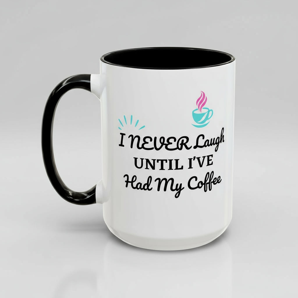 White mug with black interior and handle, featuring text and coffee icons.
