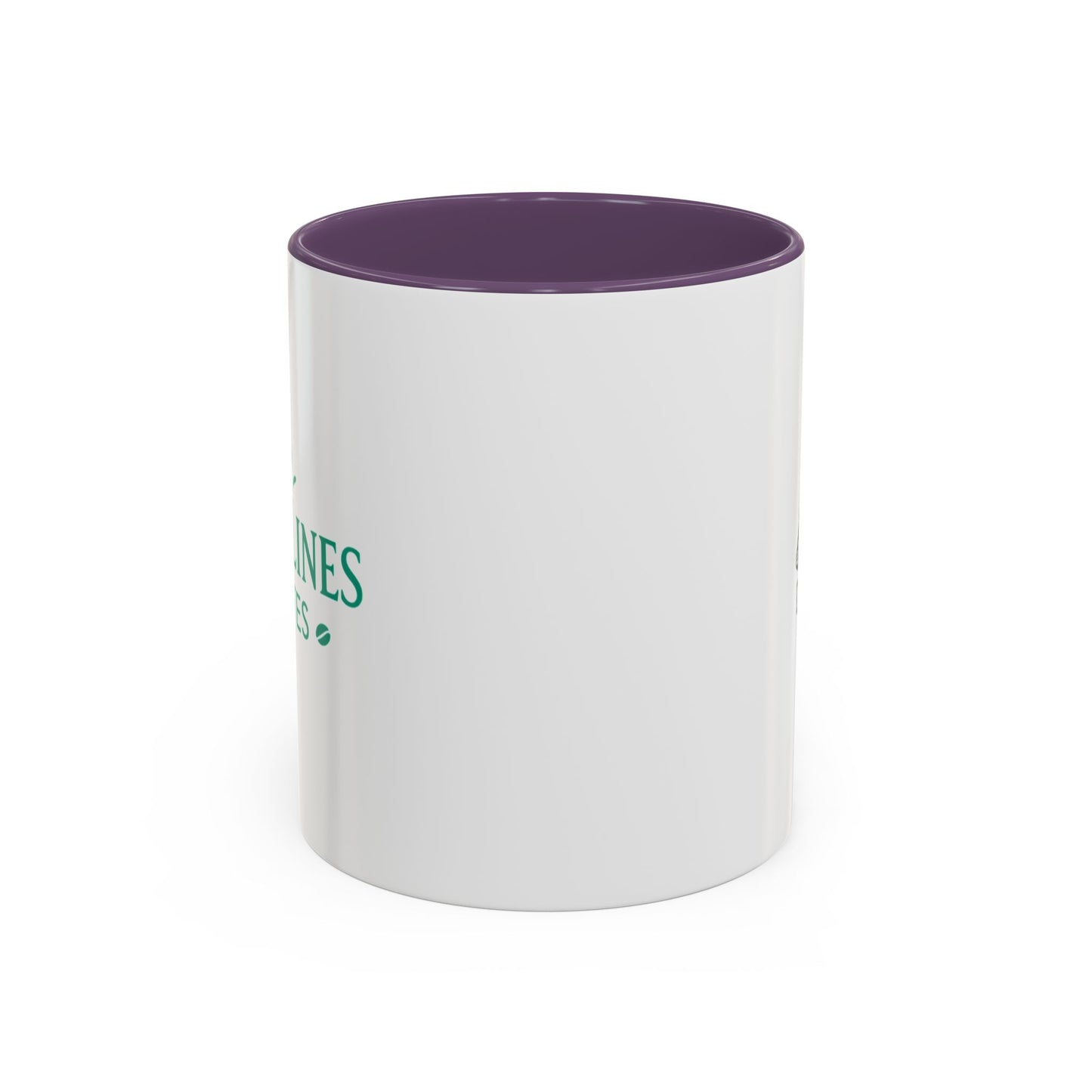 White mug with purple interior and green text on a white background