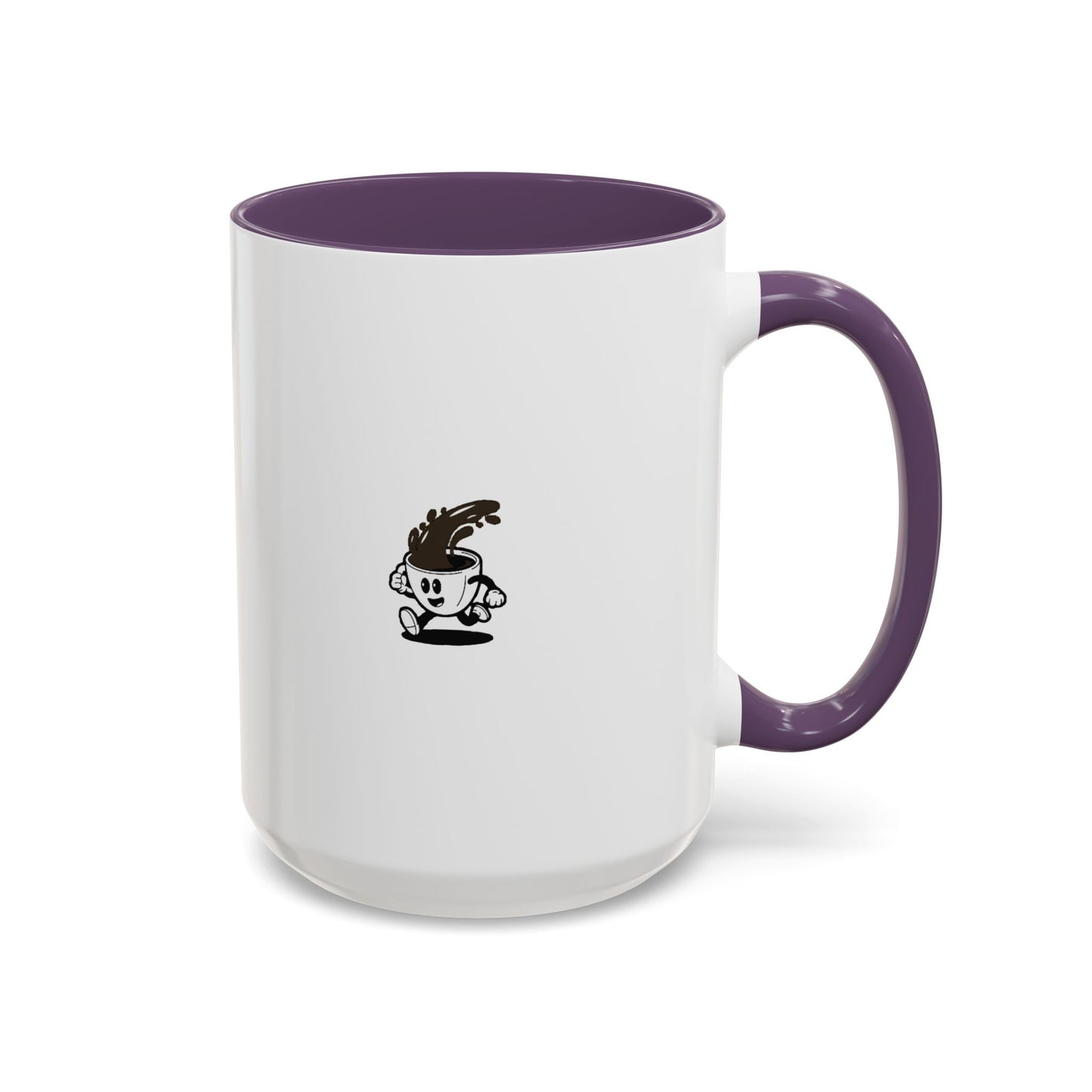 White mug with purple handle and interior, featuring a black logo on a white background