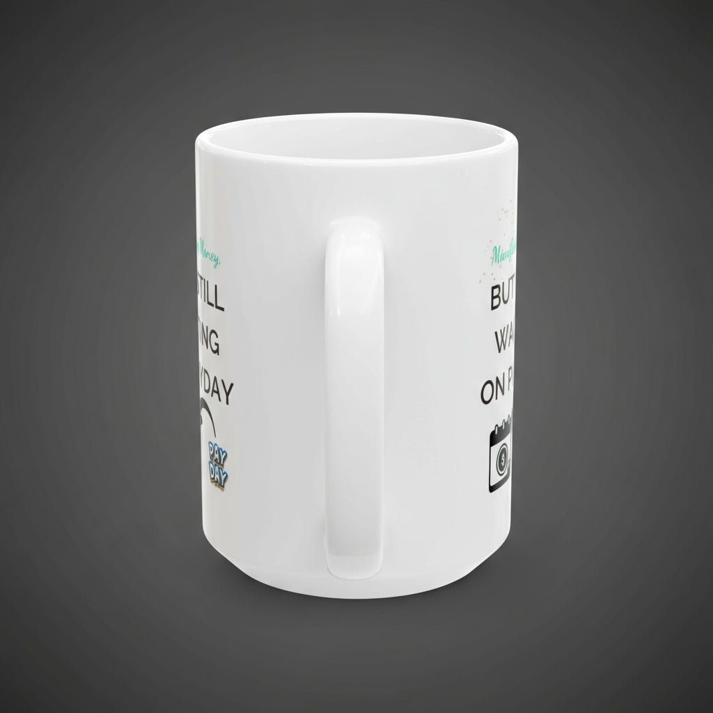 White mug with text and graphics on a white background