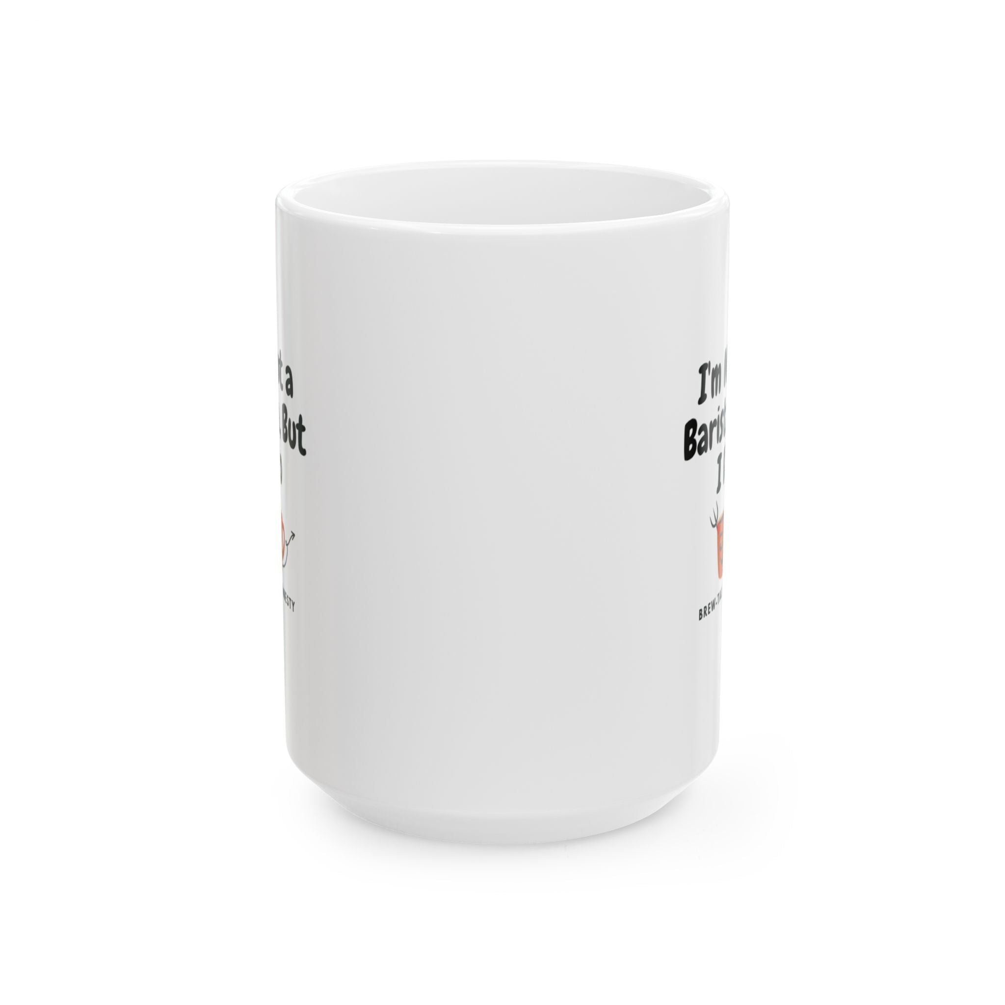 White mug with text and graphics on a white background
