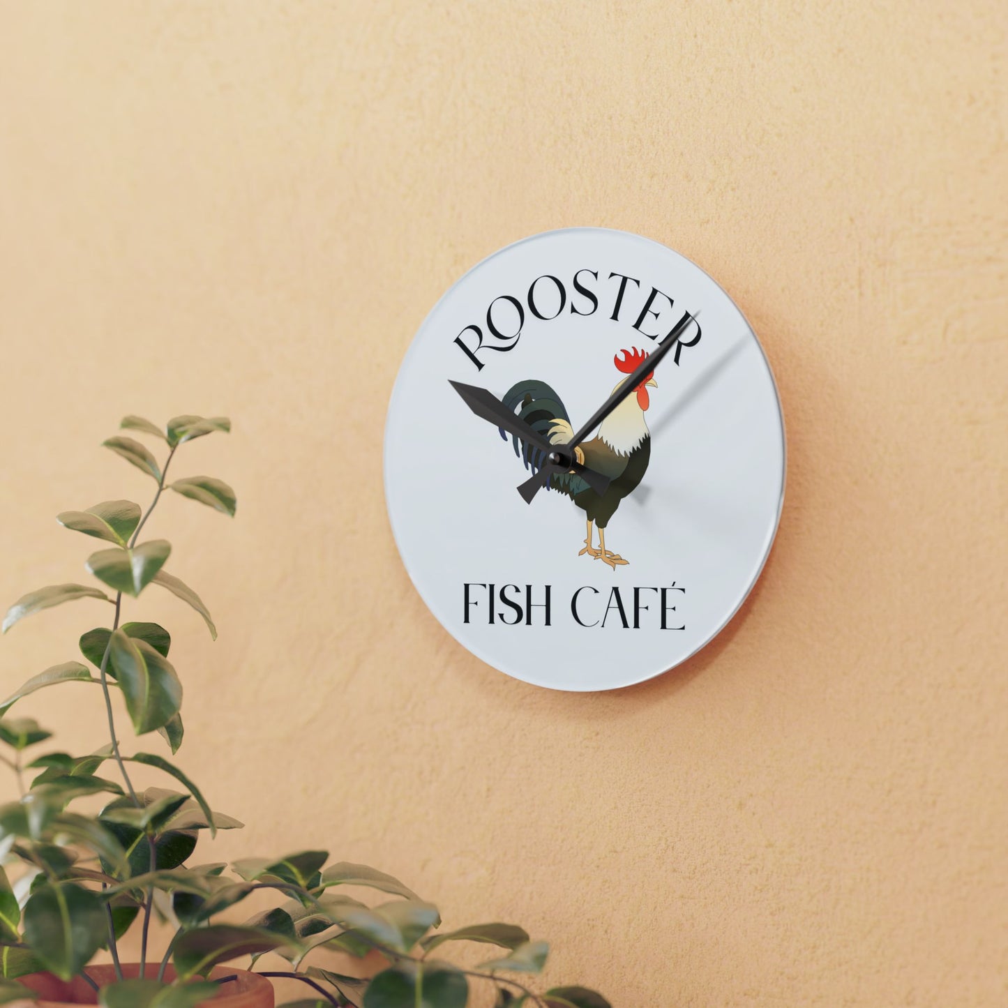 Rooster Fish Café Acrylic Wall Clock - Rustic Farmhouse Home Décor