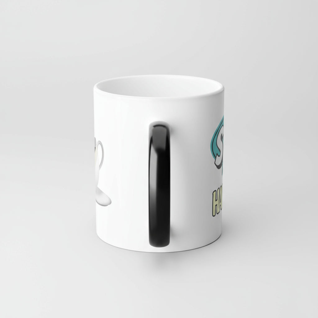 White mug with black handle on a white background