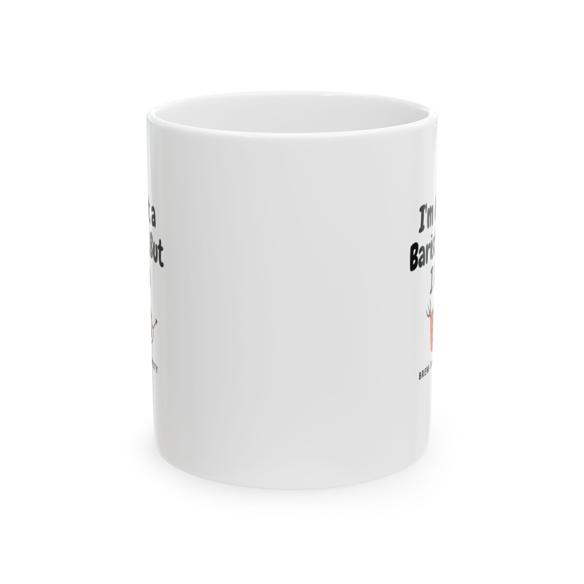 White mug with text and a small graphic on a white background