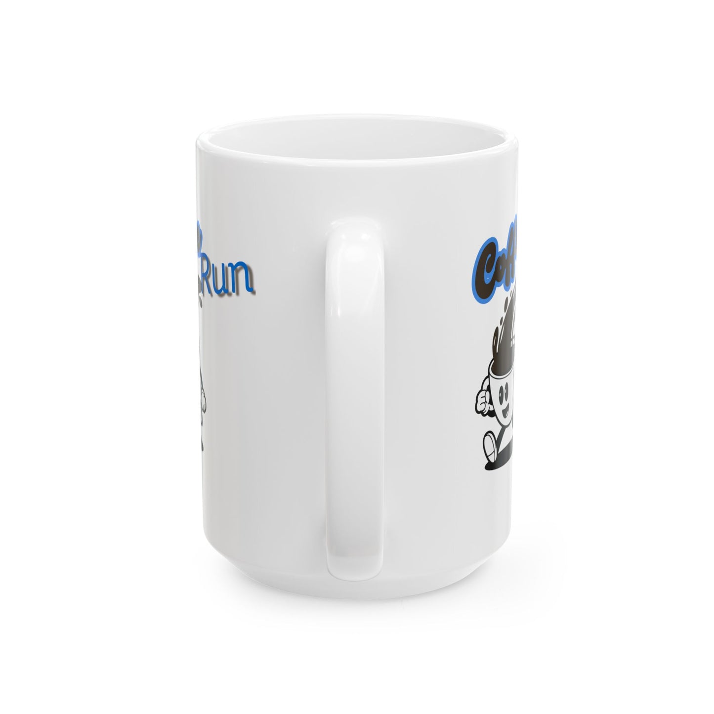 White mug with cartoon character and text on a white background