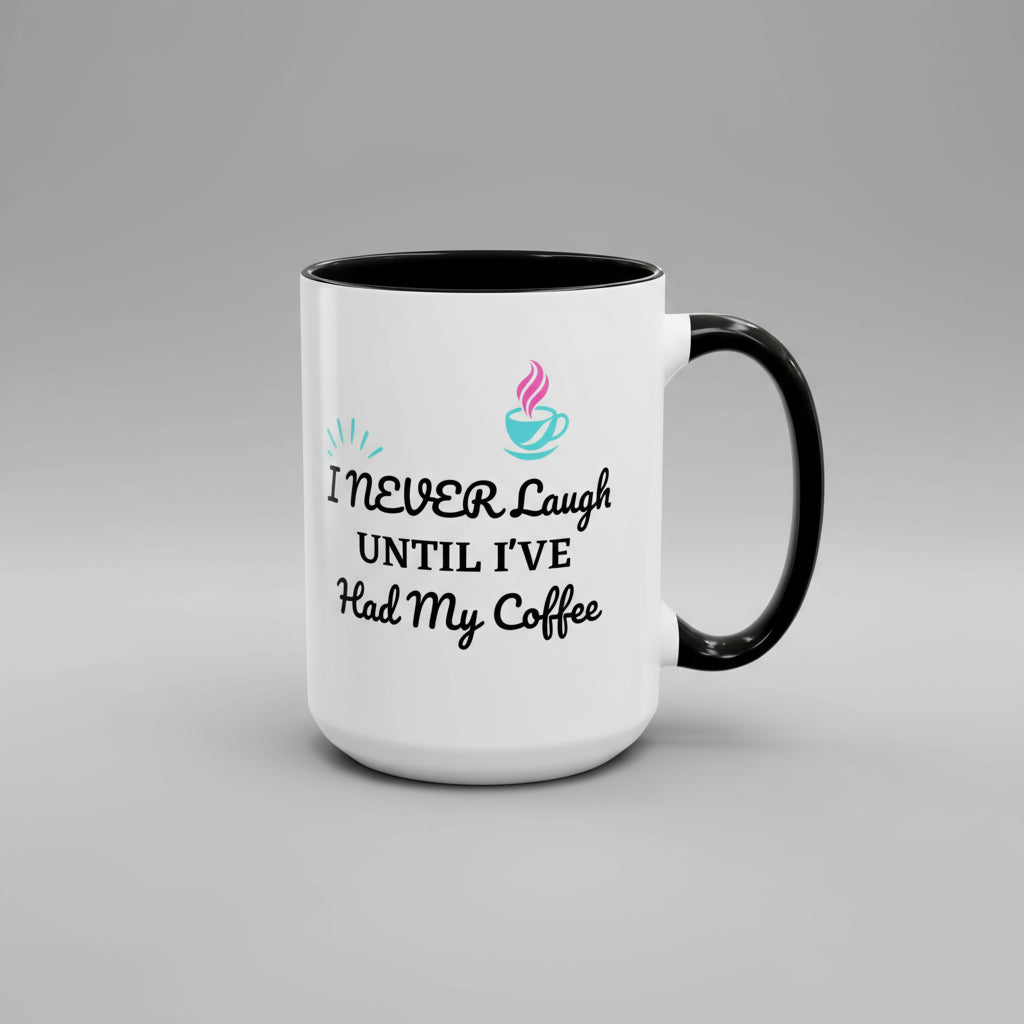 White mug with black interior and handle, featuring a coffee cup icon and text on a white background.