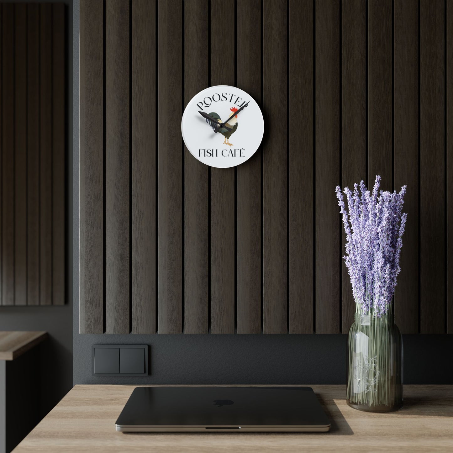 Rooster Fish Café Acrylic Wall Clock - Rustic Farmhouse Home Décor