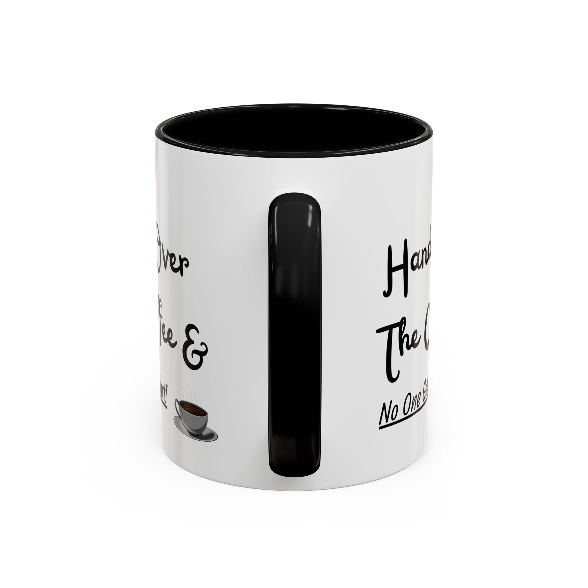 White mug with black interior and handle, featuring text and a coffee cup icon on a white background.