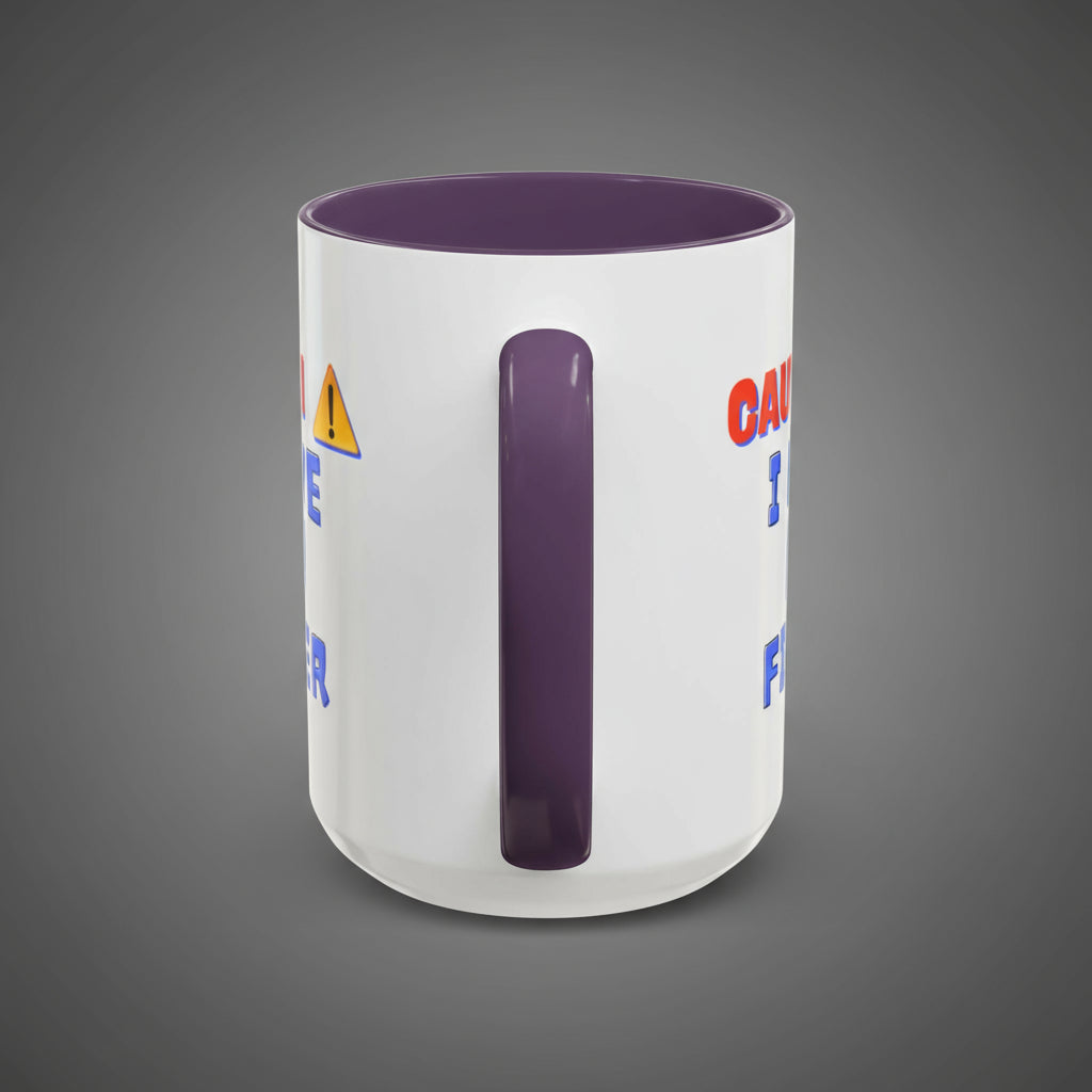 White mug with purple handle and text on a white background