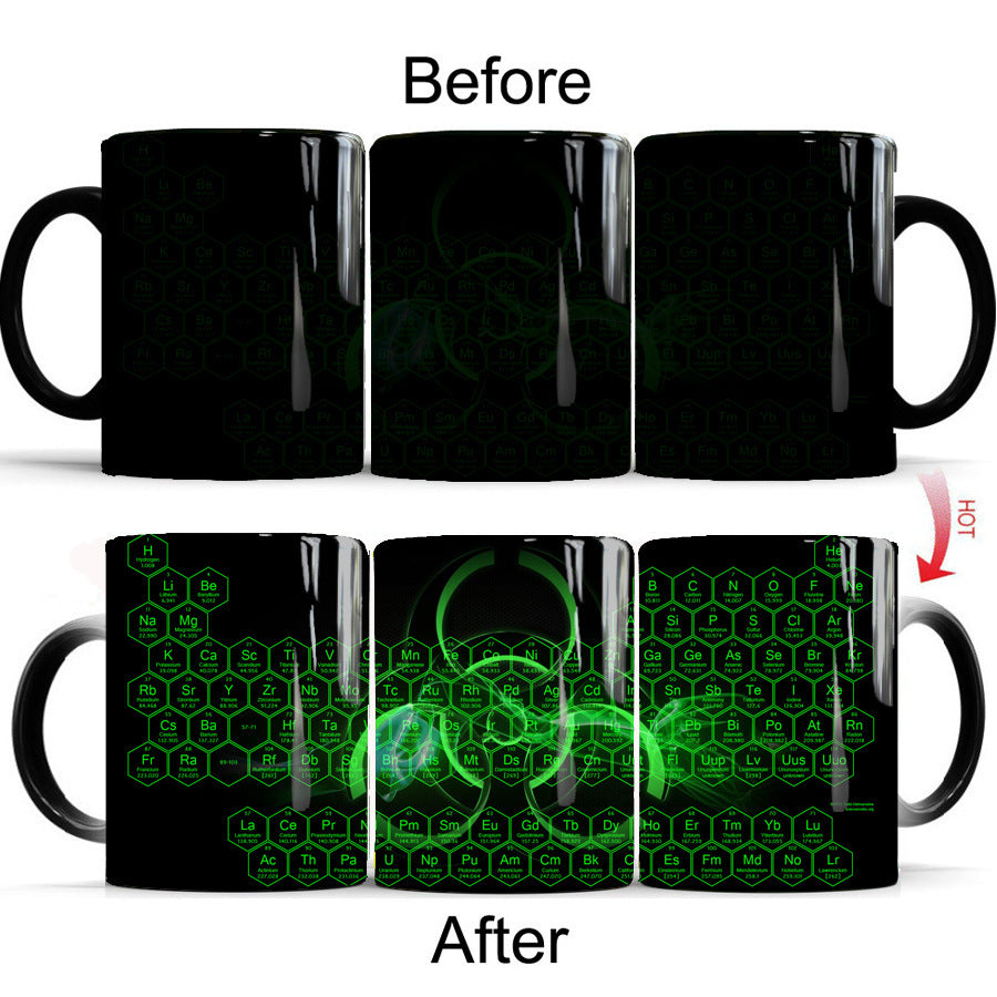 Black mug with green periodic table design before and after heating on a white background