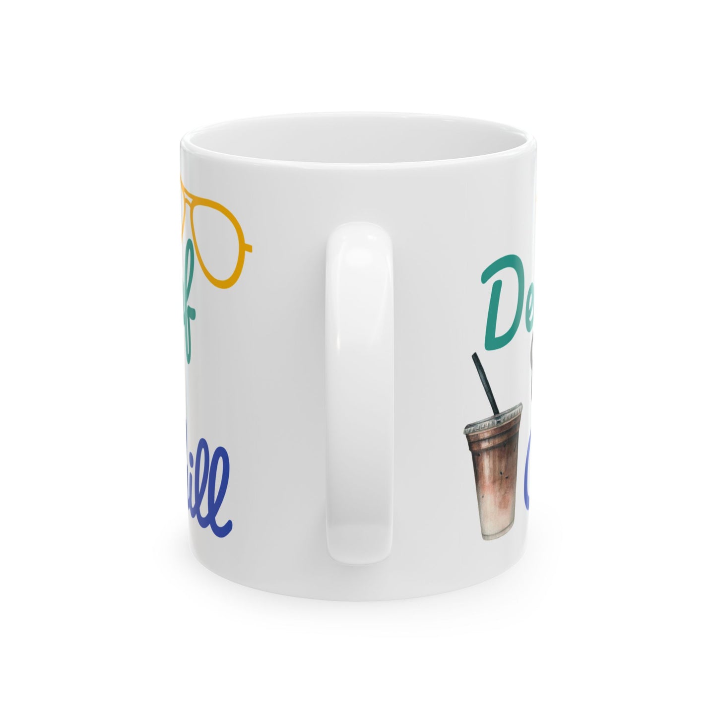 White mug with colorful text and graphics on a white background