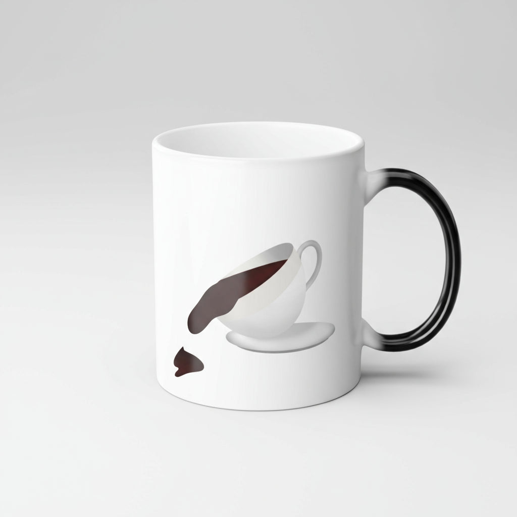 White mug with black handle featuring a design of a coffee cup and saucer on a white background