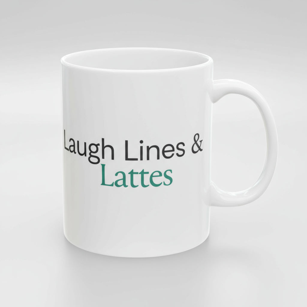 White mug with text on a white background