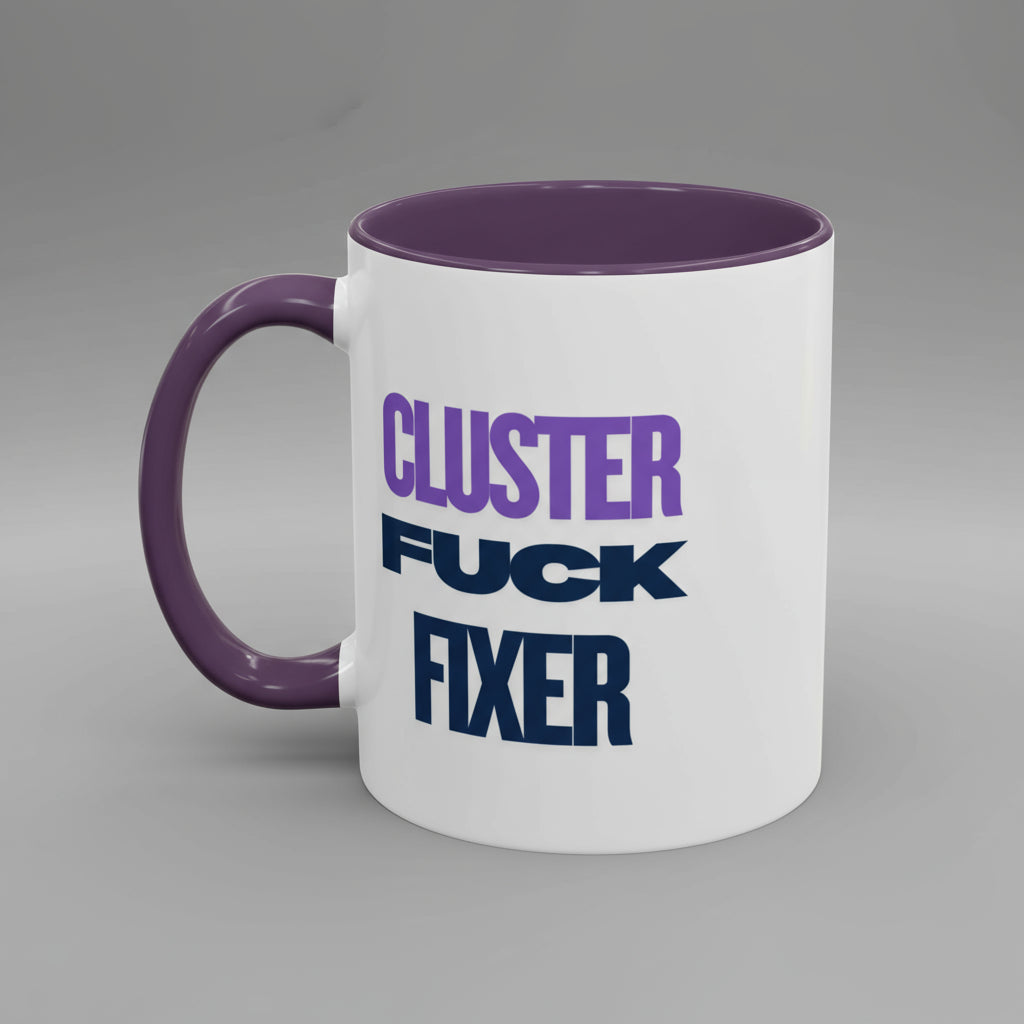 White mug with purple interior and handle, featuring text 'CLUSTER FUCK FIXER' in purple and black.