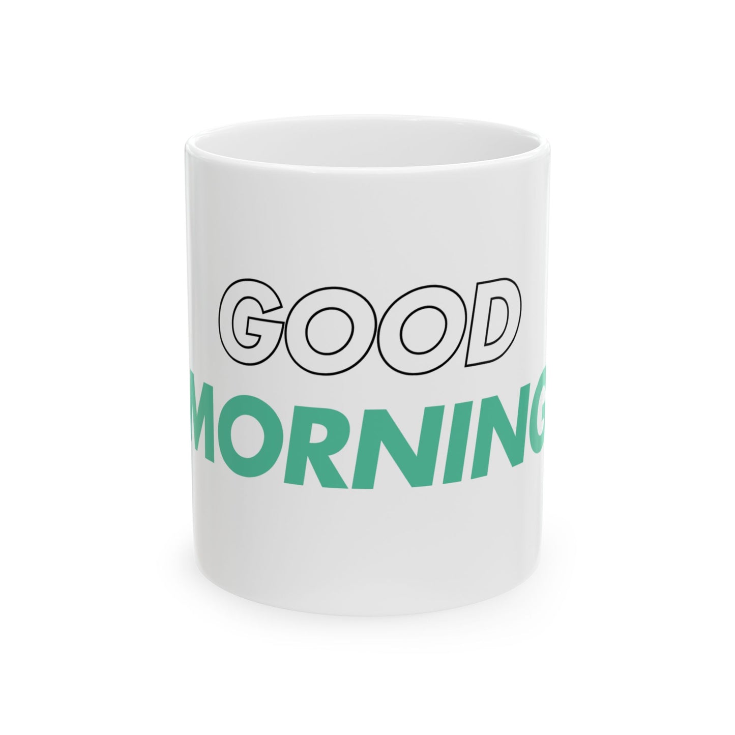 White mug with 'GOOD MORNING' text in black and green on a white background