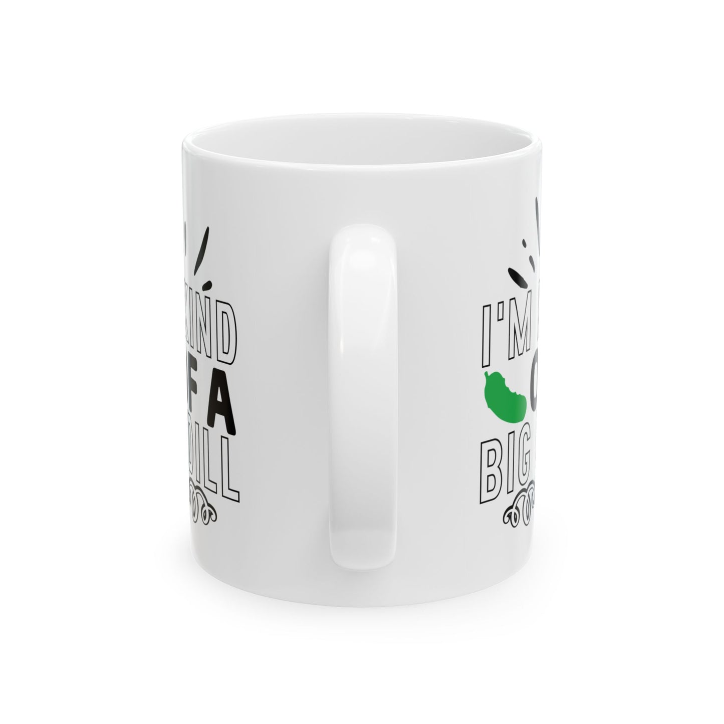 White mug with text and graphics on a white background