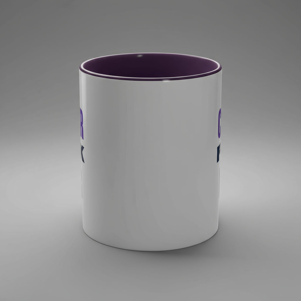 White mug with purple interior and accents on a white background