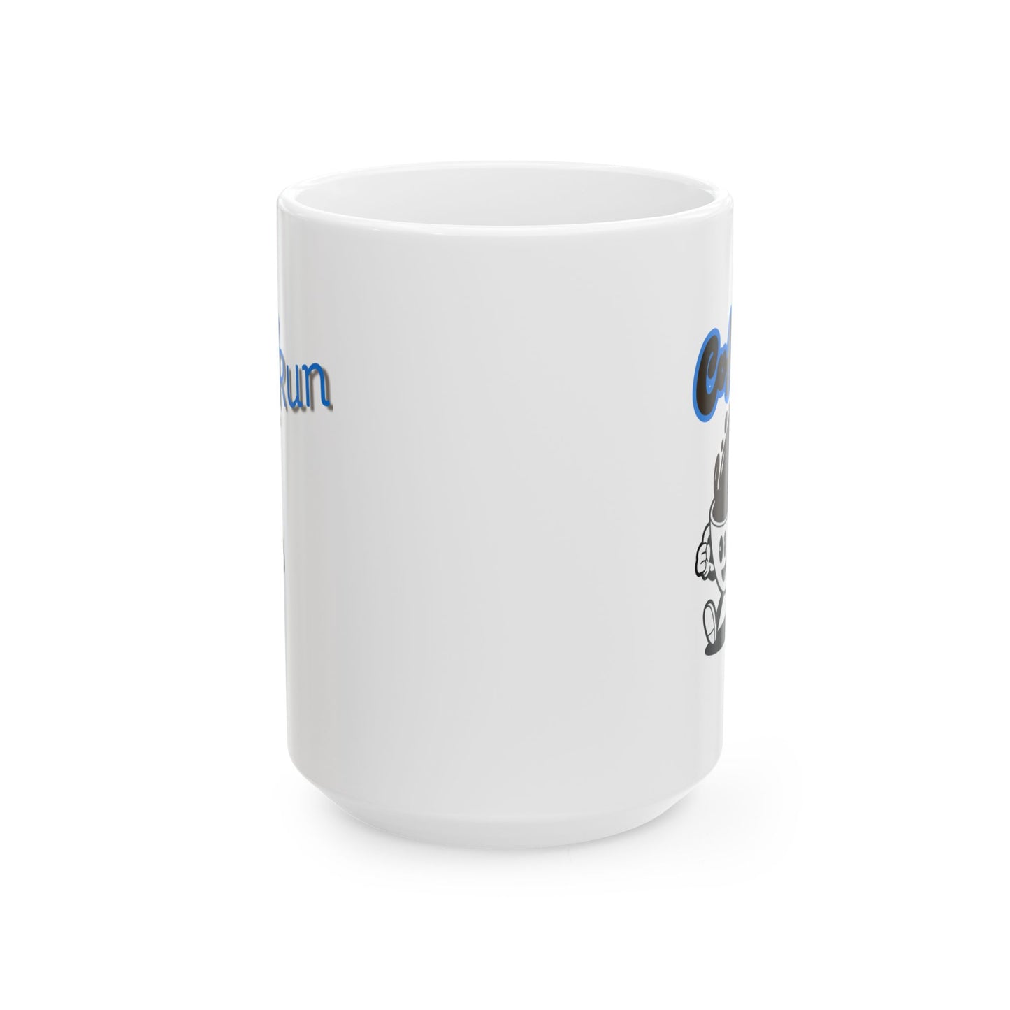 White mug with blue text and graphics on a white background