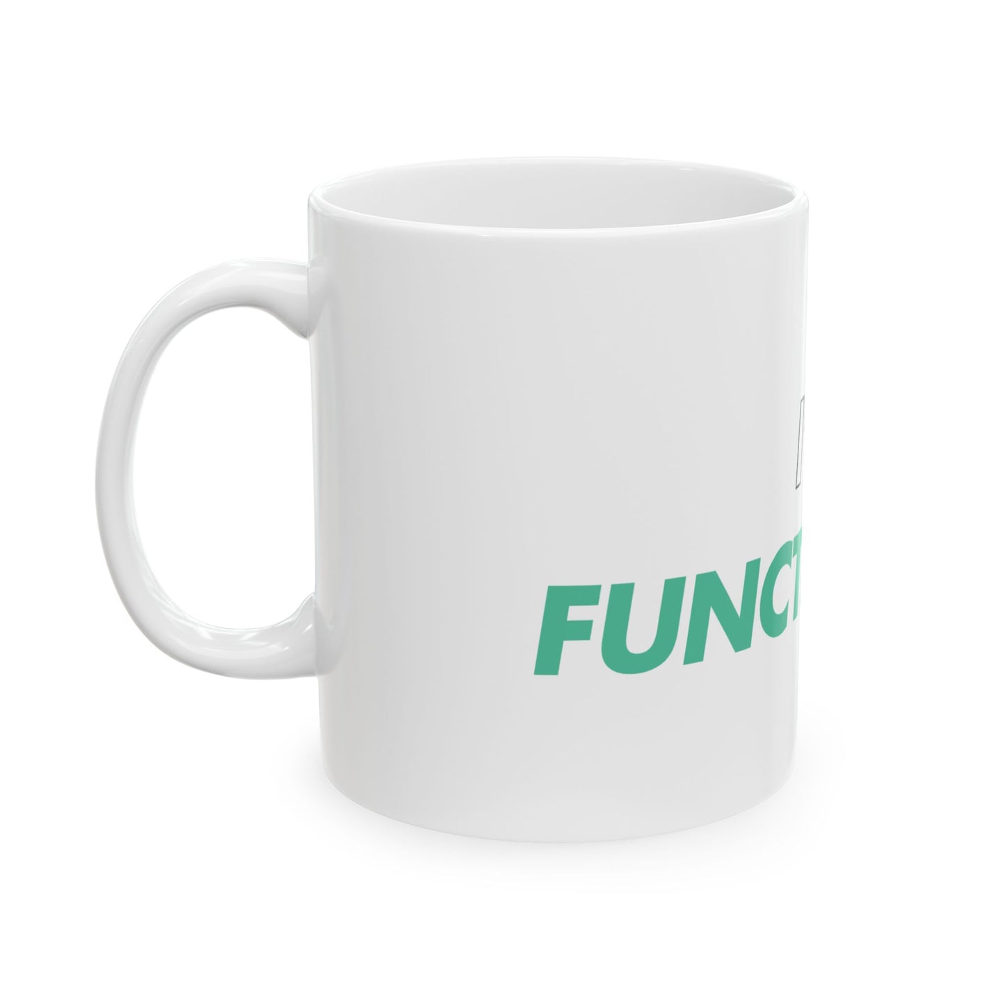 White mug with green text on a white background