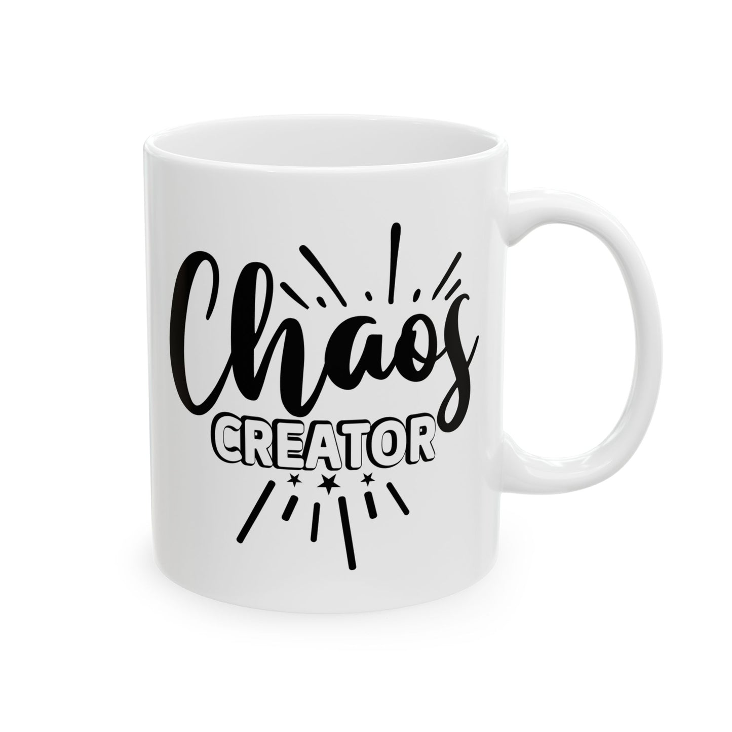 White mug with 'Chaos Creator' text on a white background
