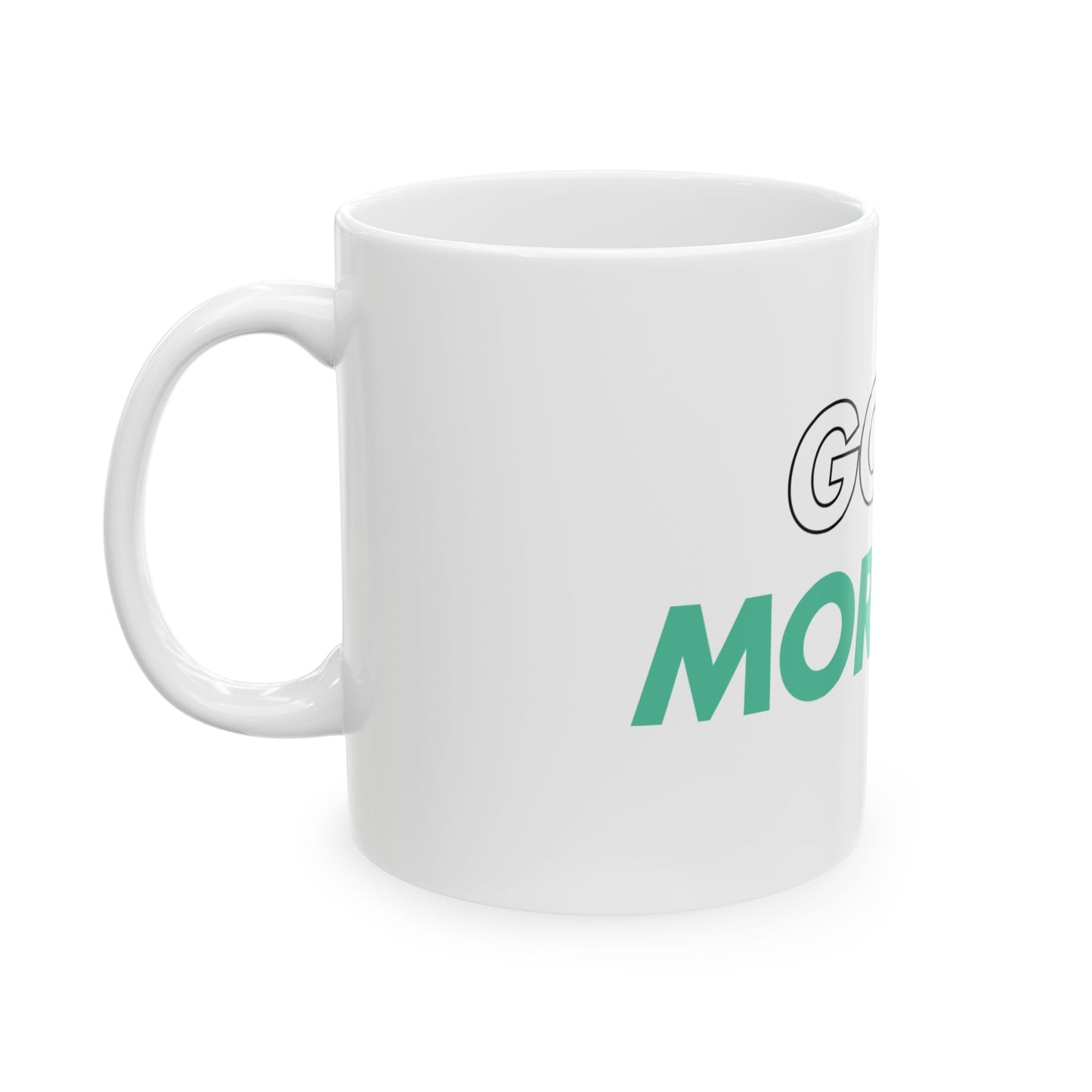 White mug with green text and a logo on a white background
