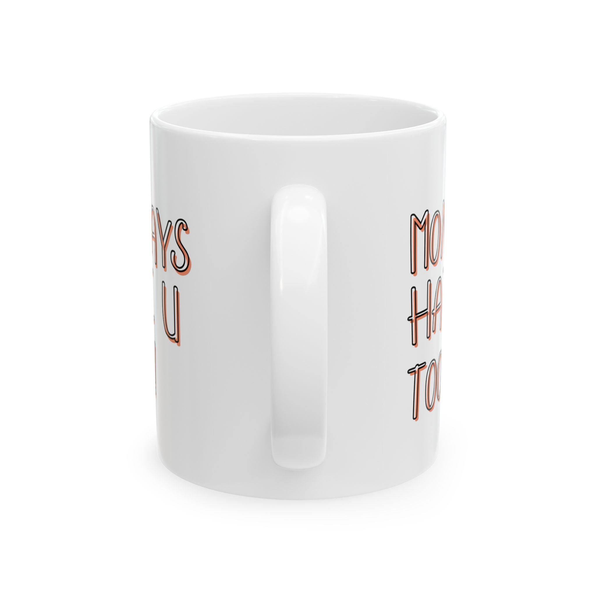 White mug with rose gold text on a white background
