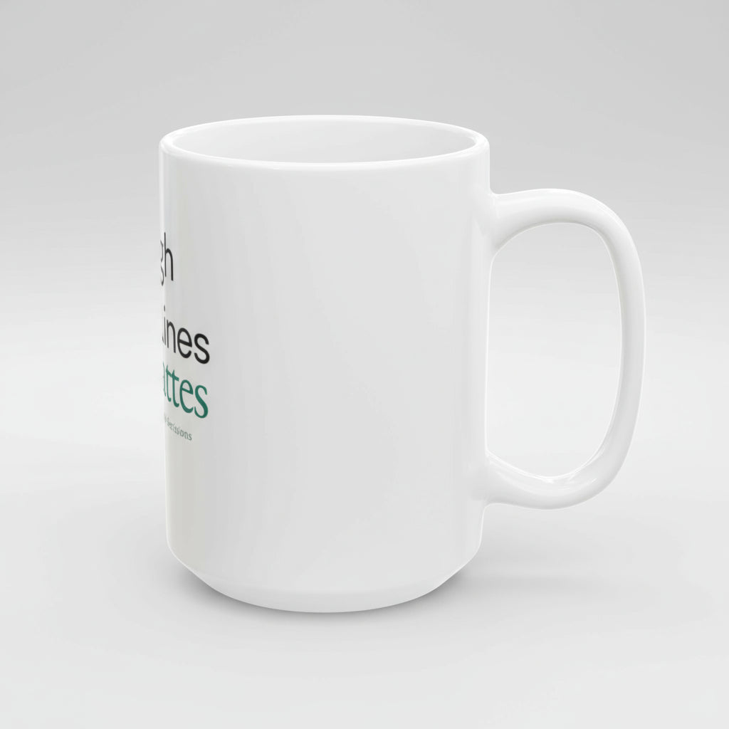 White mug with text on a white background