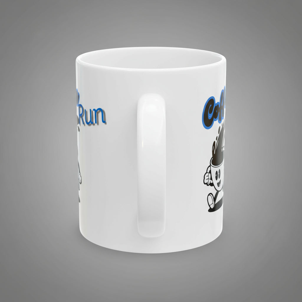 White mug with cartoon character and text on a white background