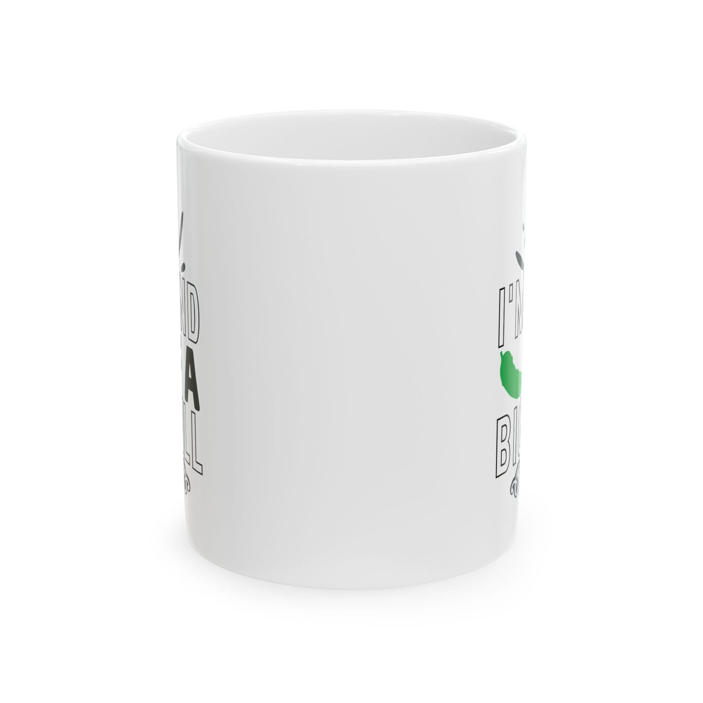 White mug with text and a green graphic on a white background
