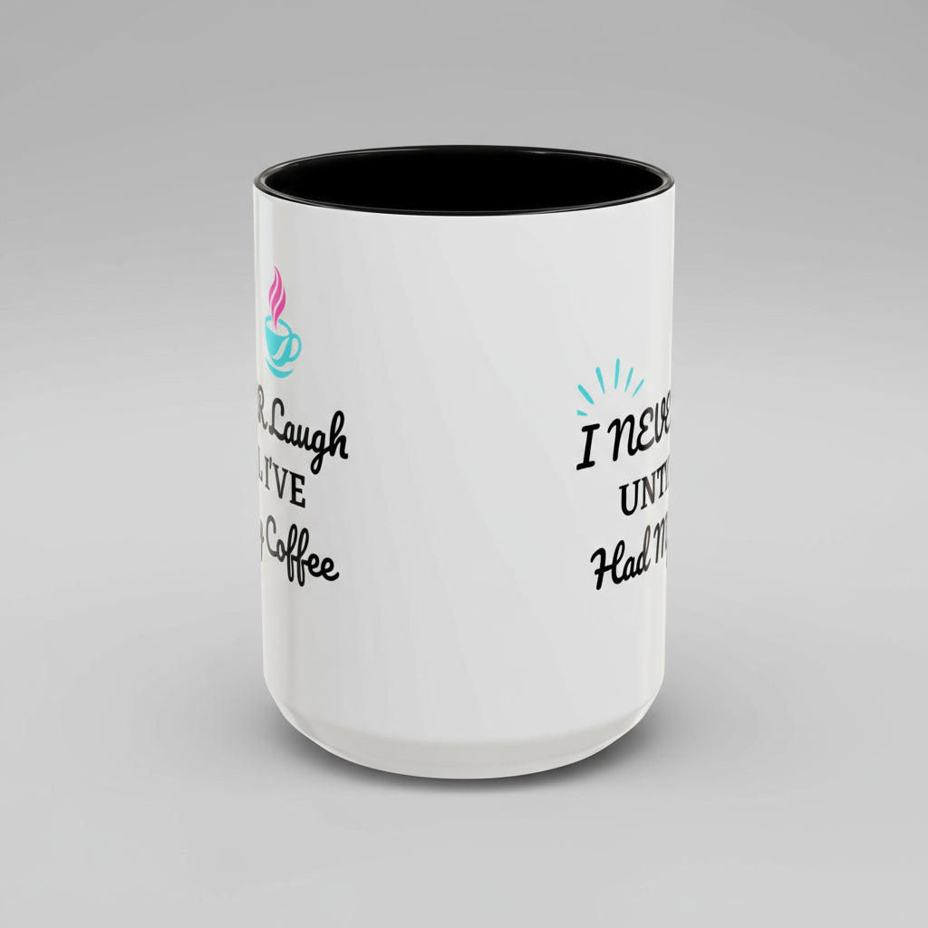 White mug with black interior, text, and graphics on a white background