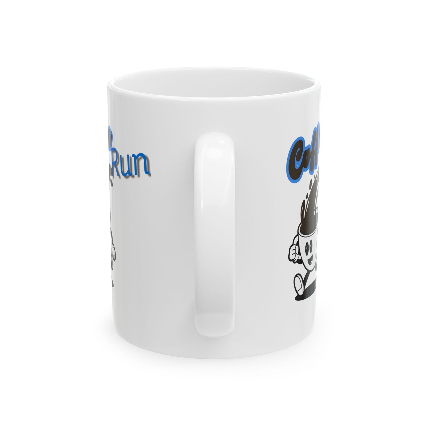 White mug with cartoon character and text on a white background