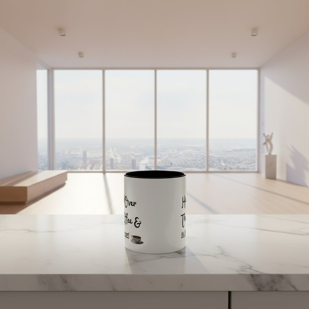 White mug with black interior and text on a white background