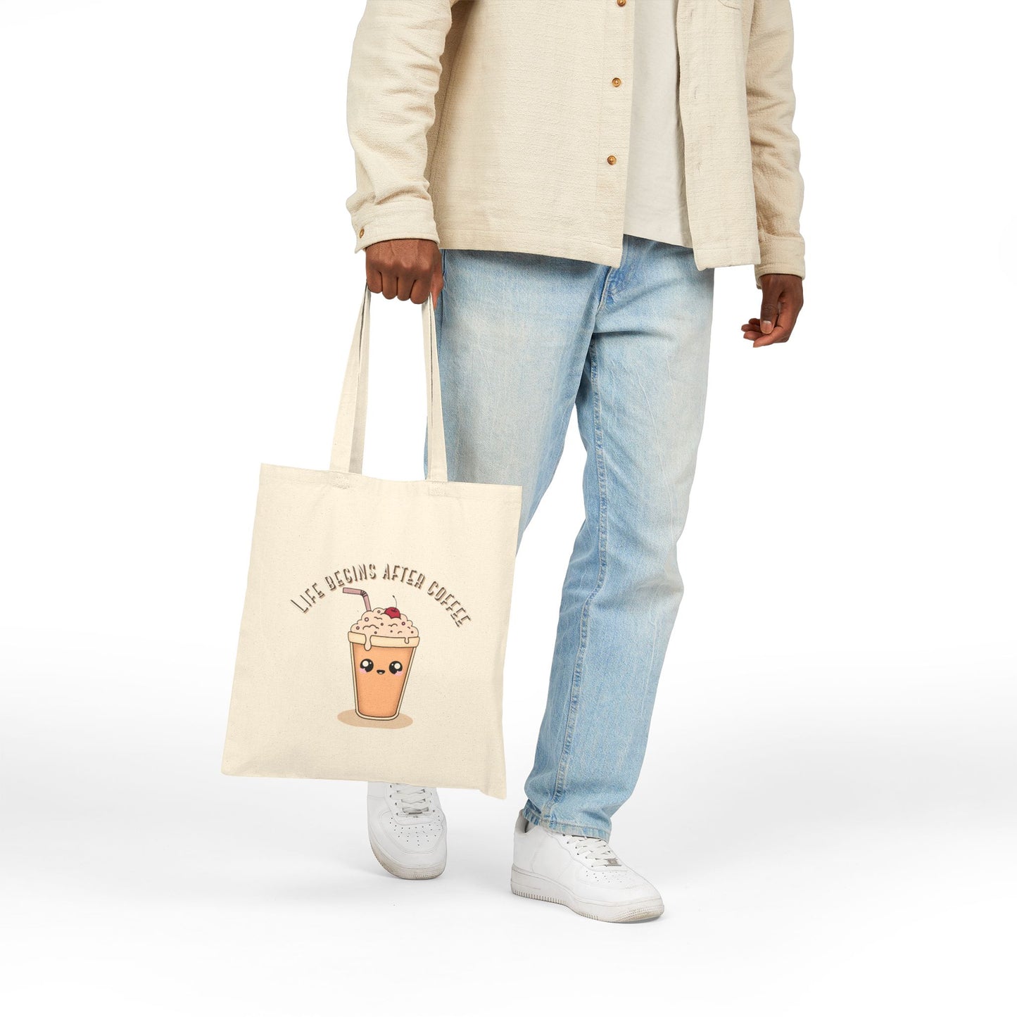 Canvas tote bag with coffee-themed design by Laugh Lines & Lattes perfect gift for coffee lovers and everyday use.