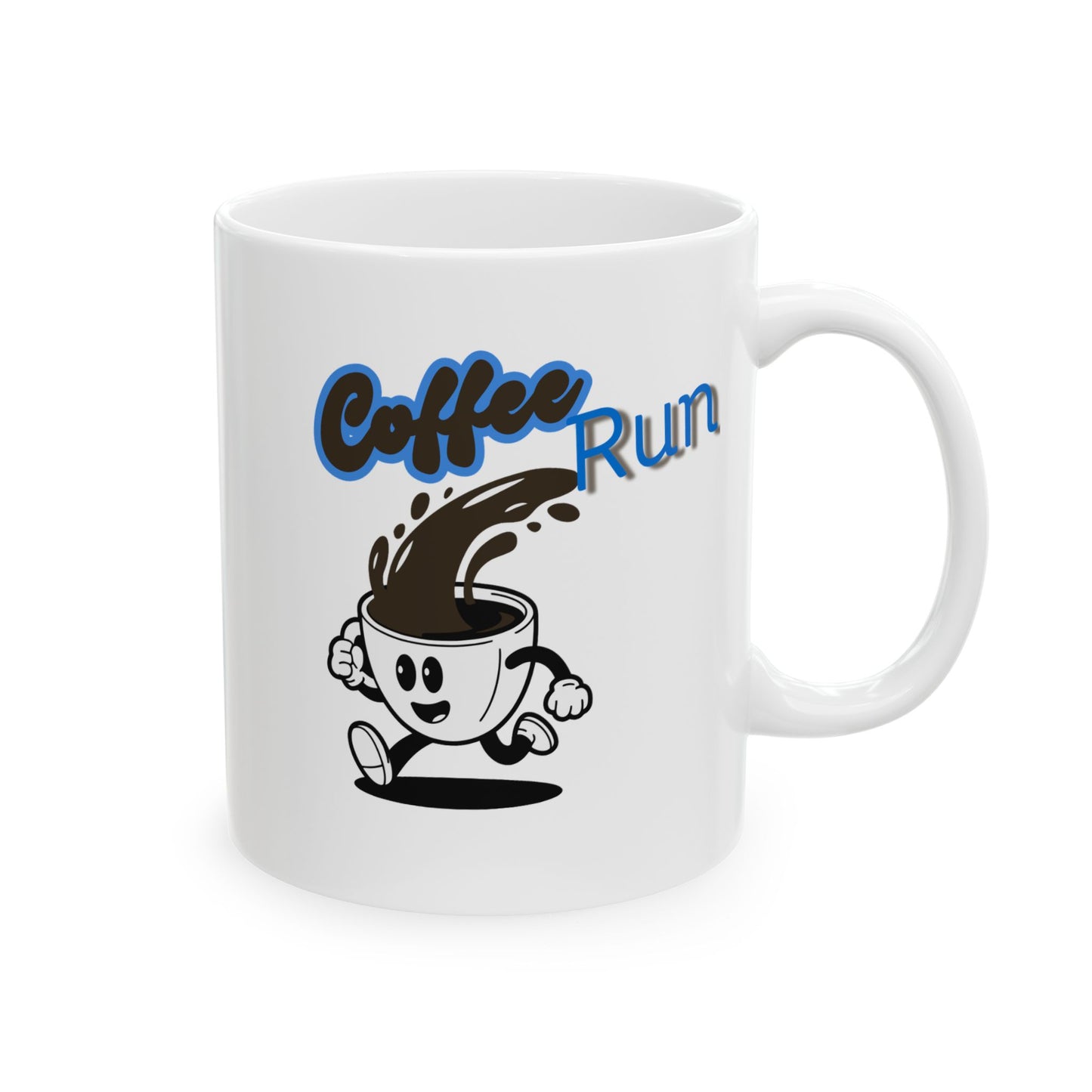 White mug with 'Coffee Run' design featuring a cartoon coffee cup and text on a white background