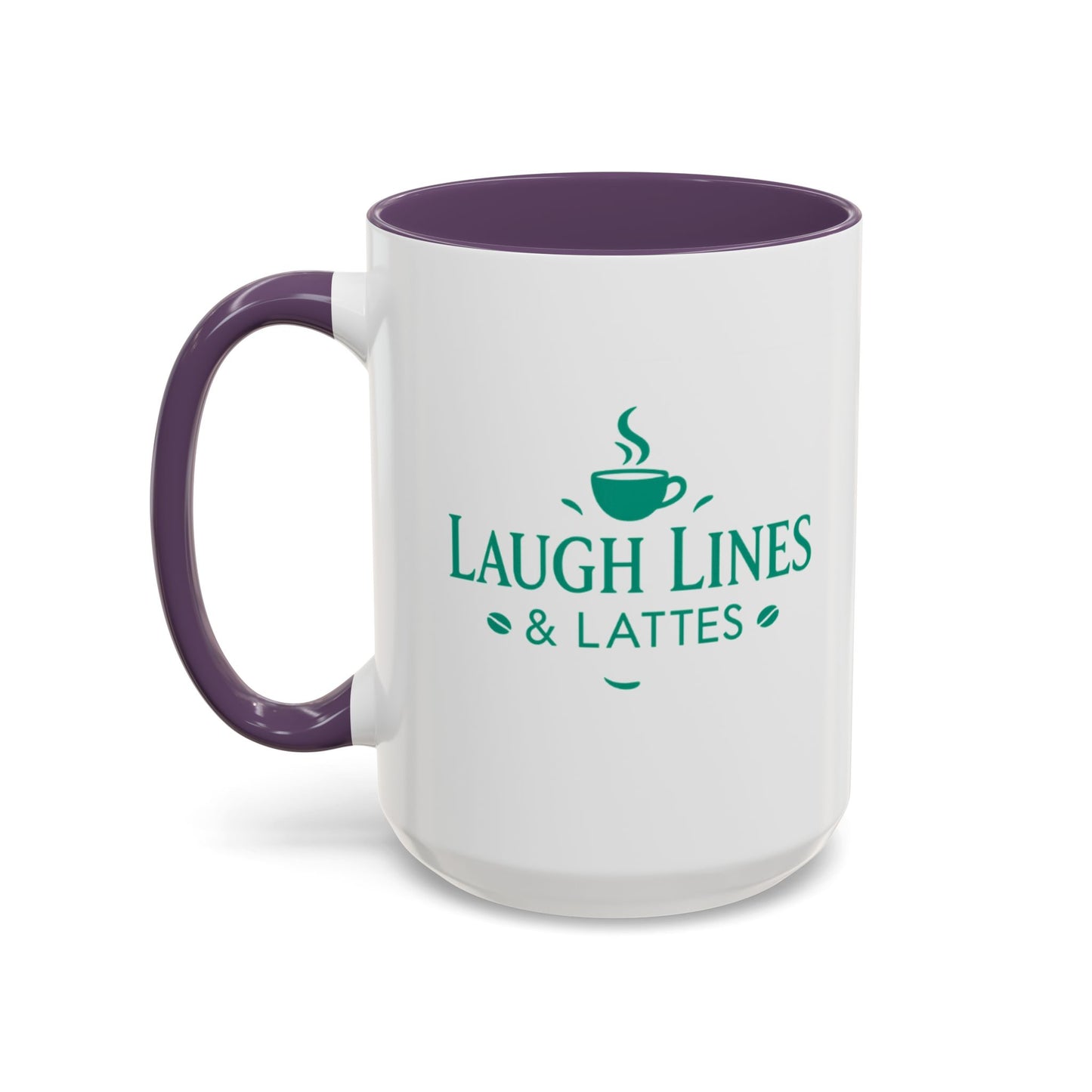 White mug with purple handle and 'Laugh Lines & Lattes' text on a white background