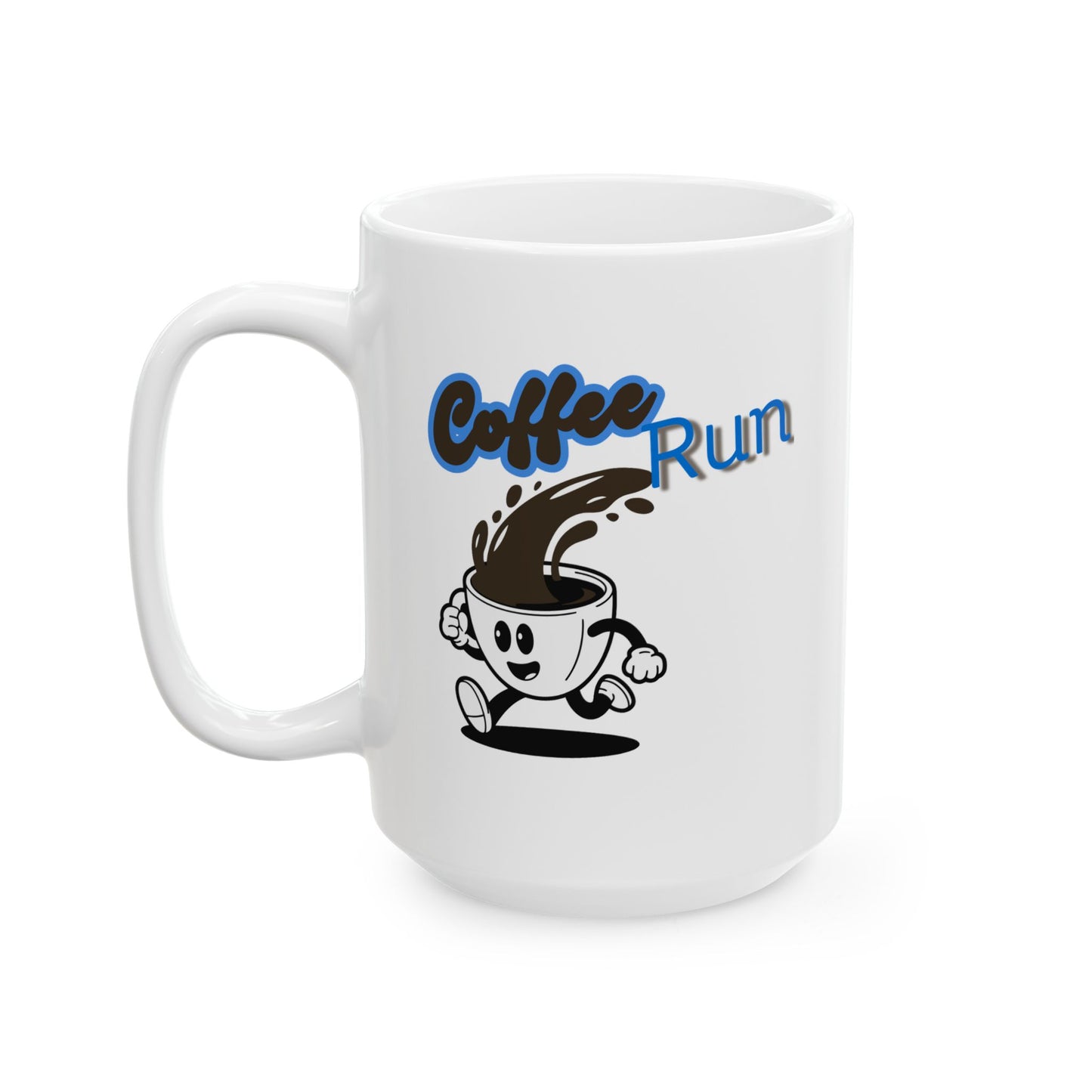 White mug with 'Coffee Run' design featuring a cartoon coffee cup and text on a white background