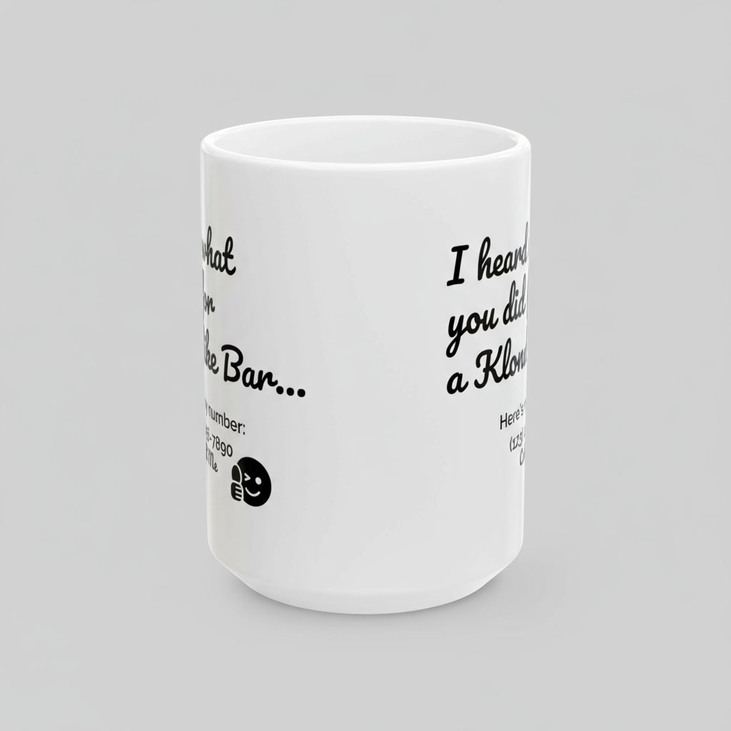 White mug with black text on a white background