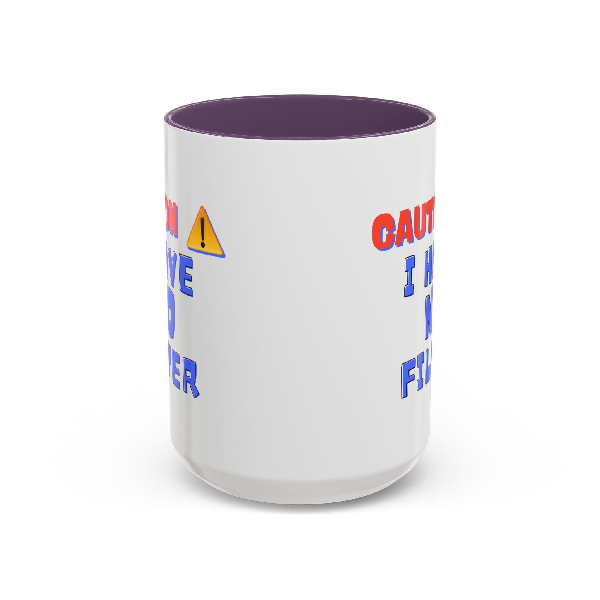 White mug with purple interior and humorous text design on a white background