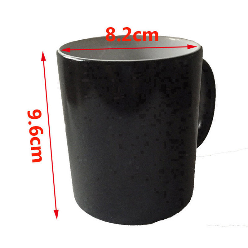 Black mug with measurements indicated on a white background