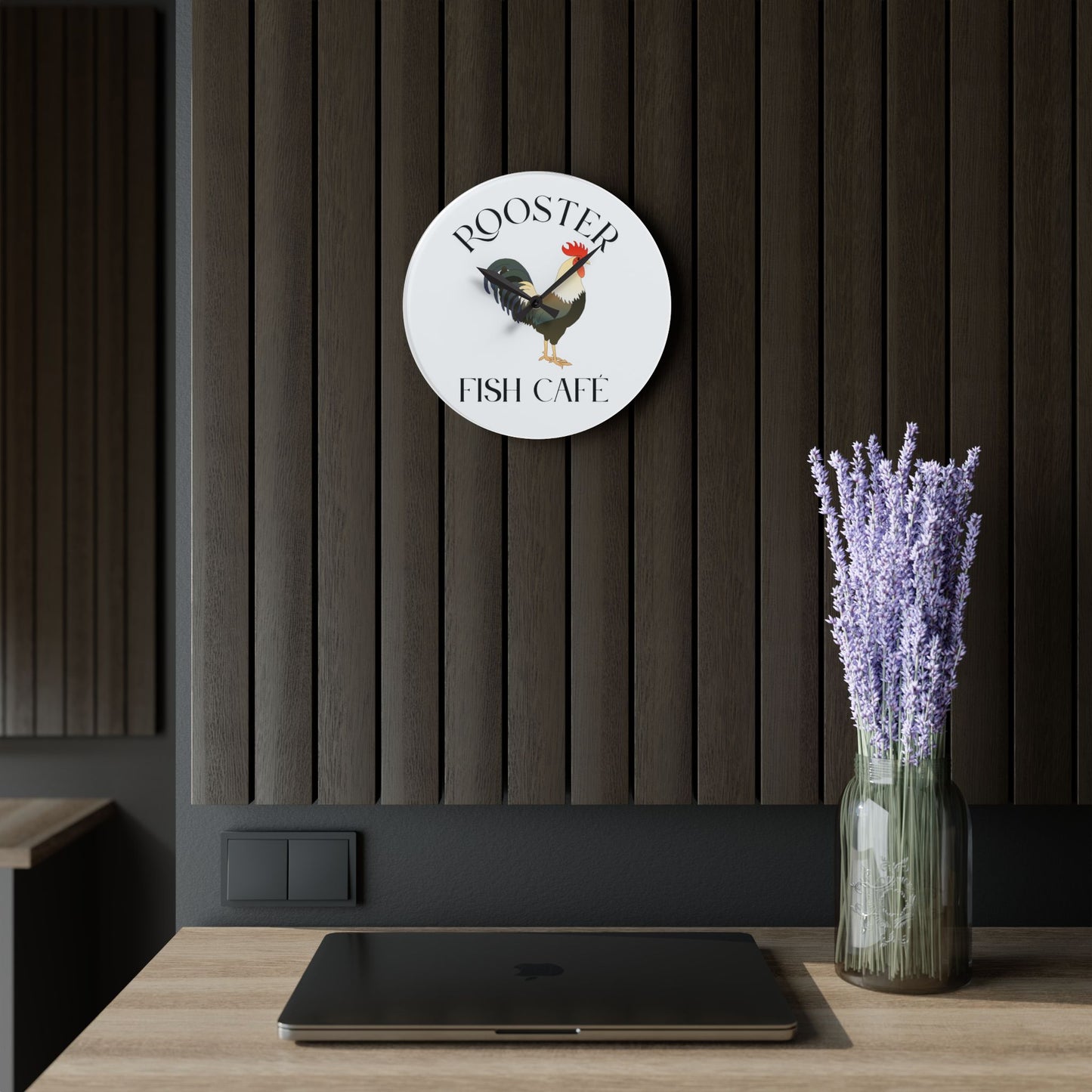 Rooster Fish Café Acrylic Wall Clock - Rustic Farmhouse Home Décor