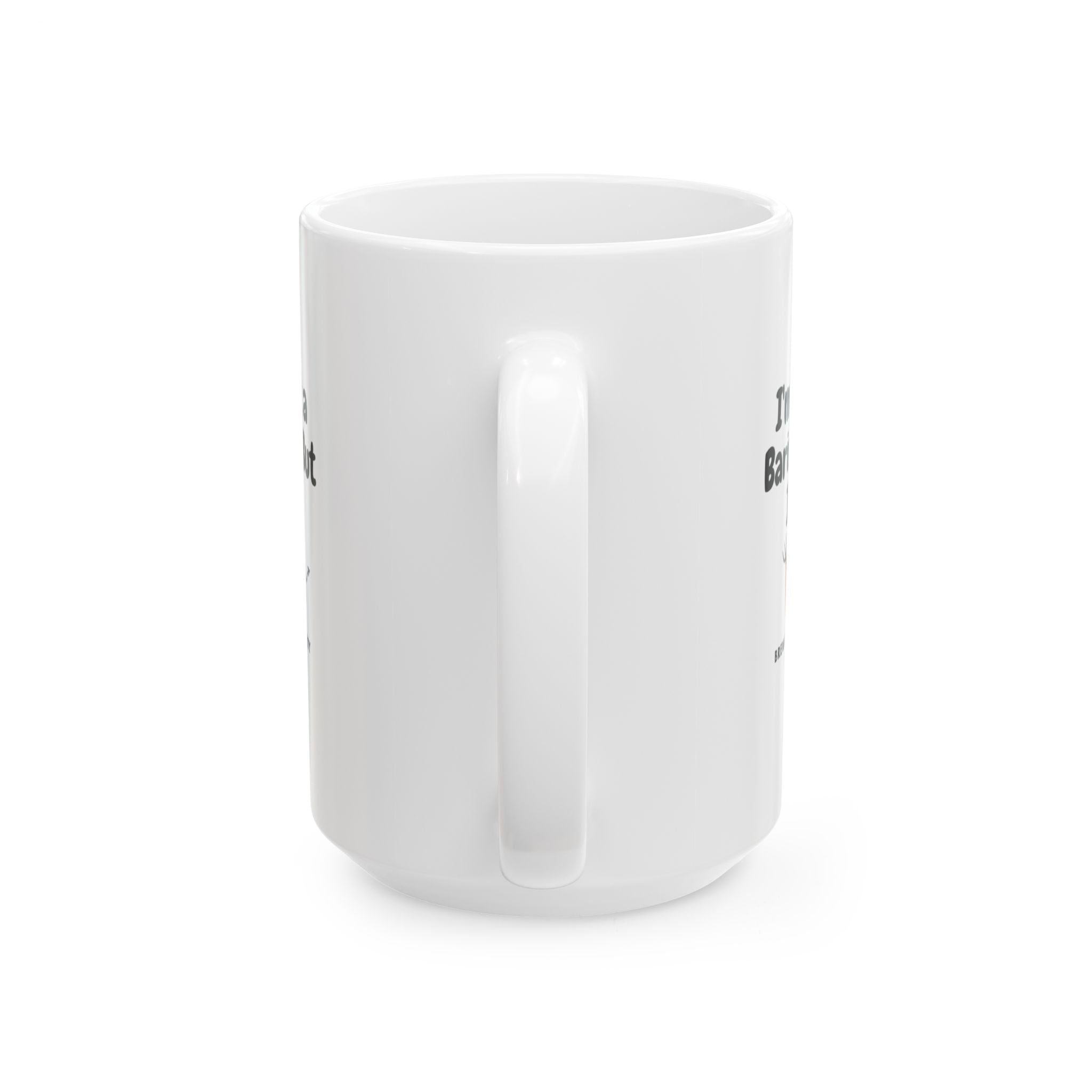 White mug with black text and design on a white background