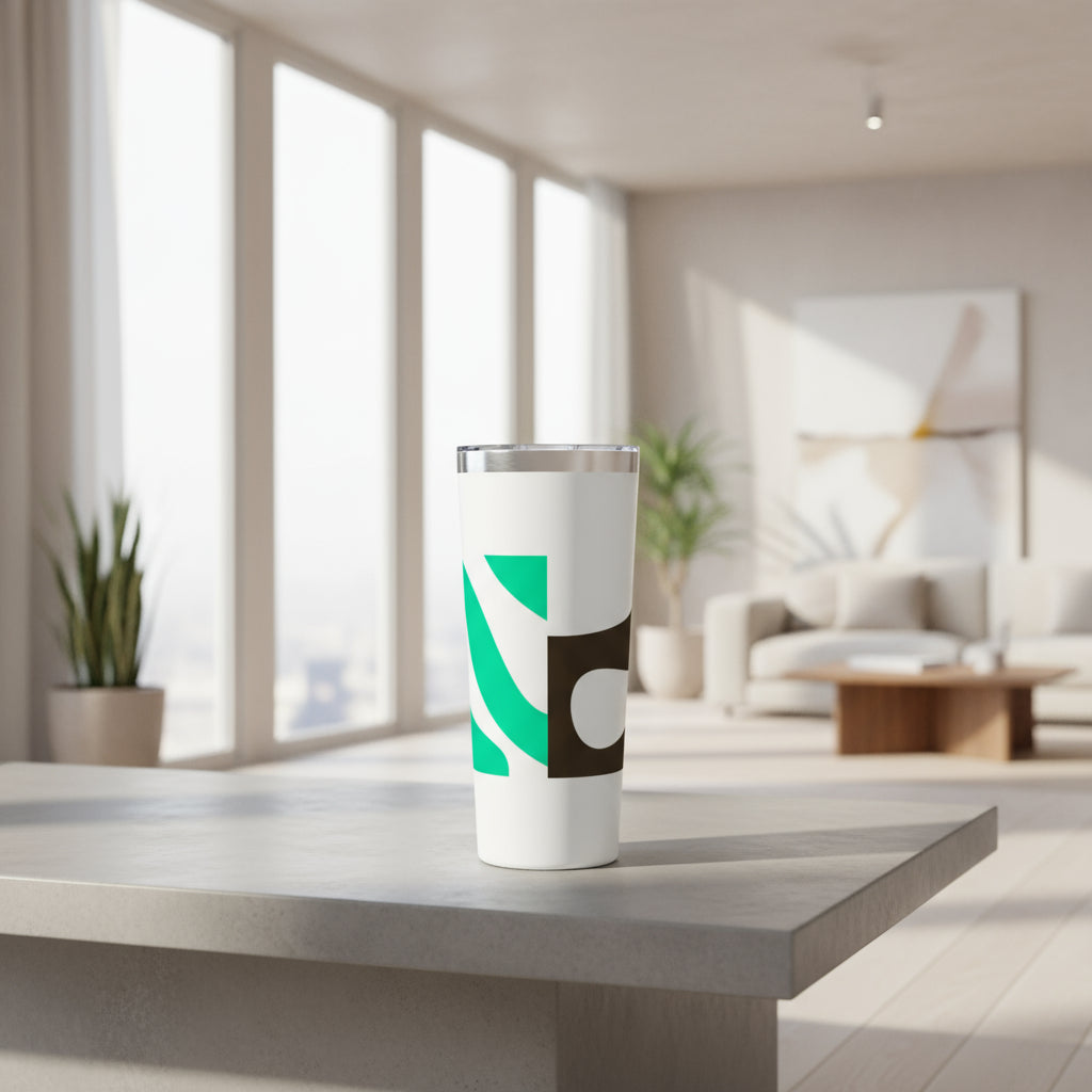 White tumbler with green and brown abstract design on a white background