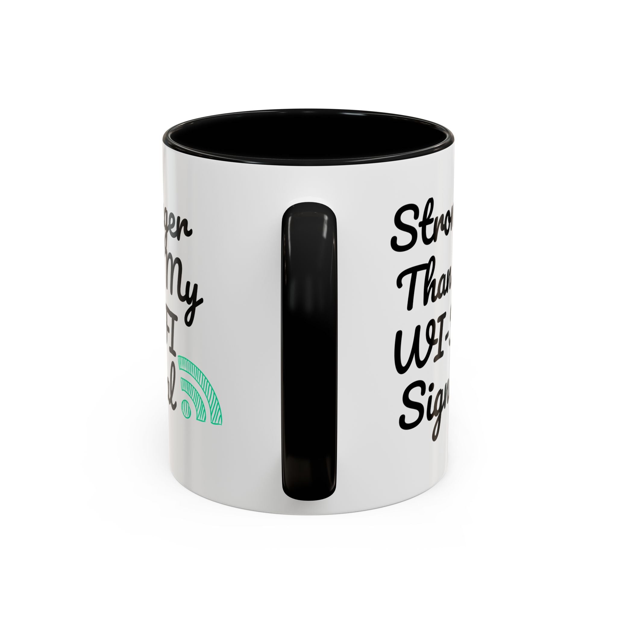 White mug with black interior and handle, featuring text and a logo on a white background
