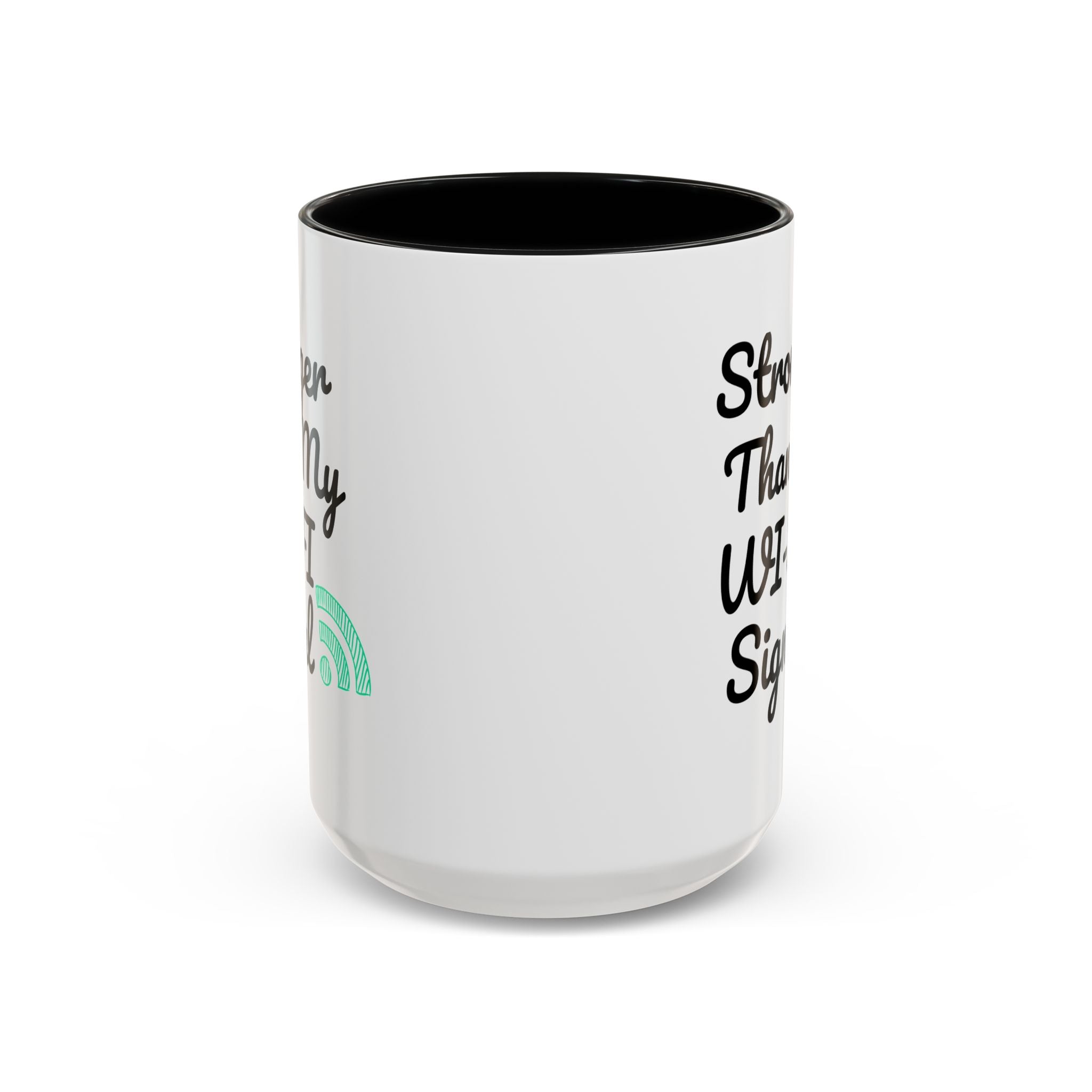 White mug with black interior and text on a white background