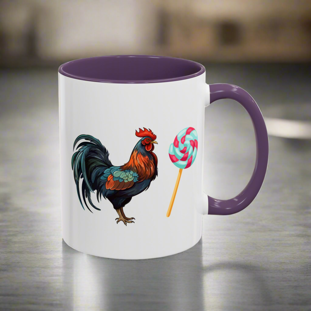 Colorful Rooster Sucker Coffee Mug, Sweet Gift for Candy Lovers, Fun Kitchen Décor, Birthday Present