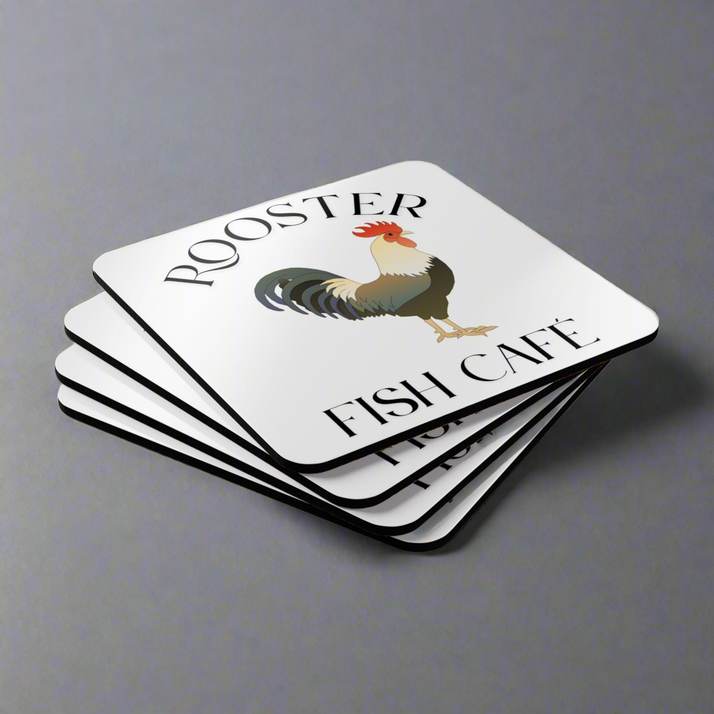 Rooster Fish Café Corkwood Coaster Set - Rustic Kitchen Decor